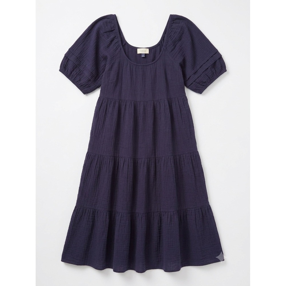 Navy Cotton Gauze Tiered Midi Dress M Puff Sleeve Cottagecore Coastal Boho